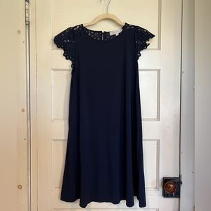 LOFT Navy Eyelet Lace Sleeve Midi Shift Dress Women’s Small